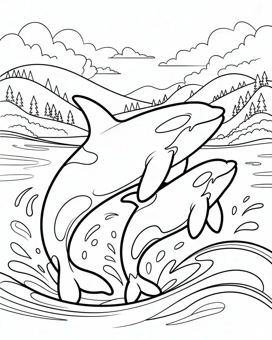 mother orca and baby orca breaching coloring page