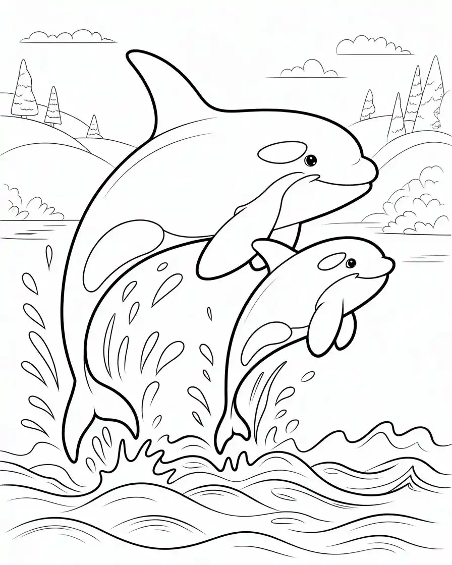 mother orca and baby orca breaching coloring page