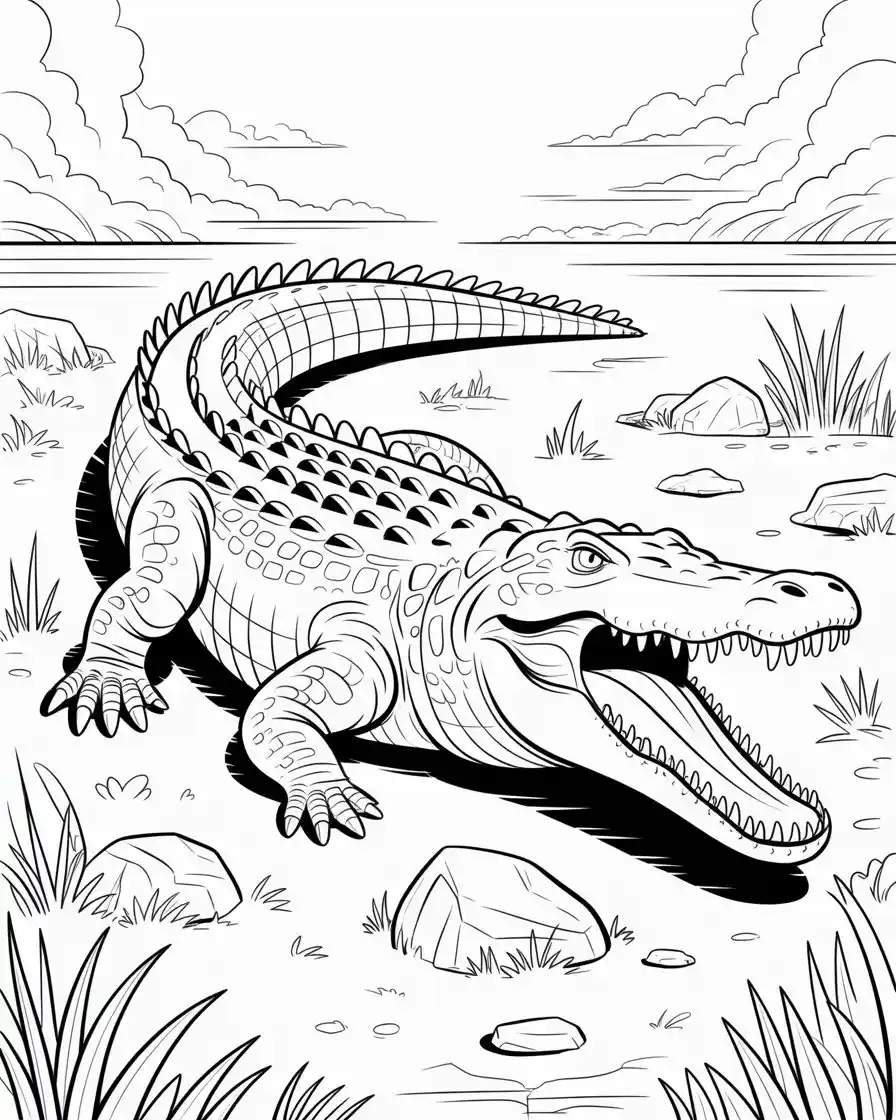 Prehistoric Crocodile with Open Jaws – Detailed Coloring Page