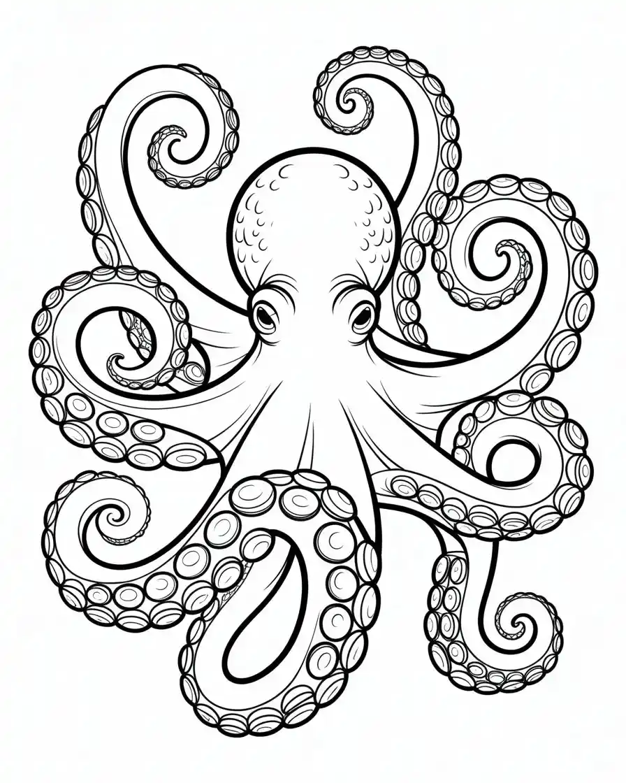 Realistic Octopus Line Art Coloring Page.