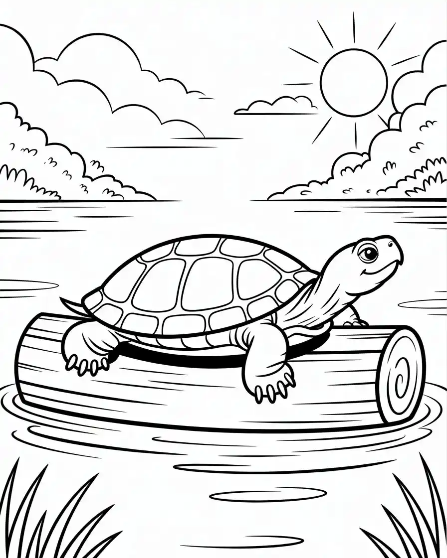 River turtle resting on a log coloring page