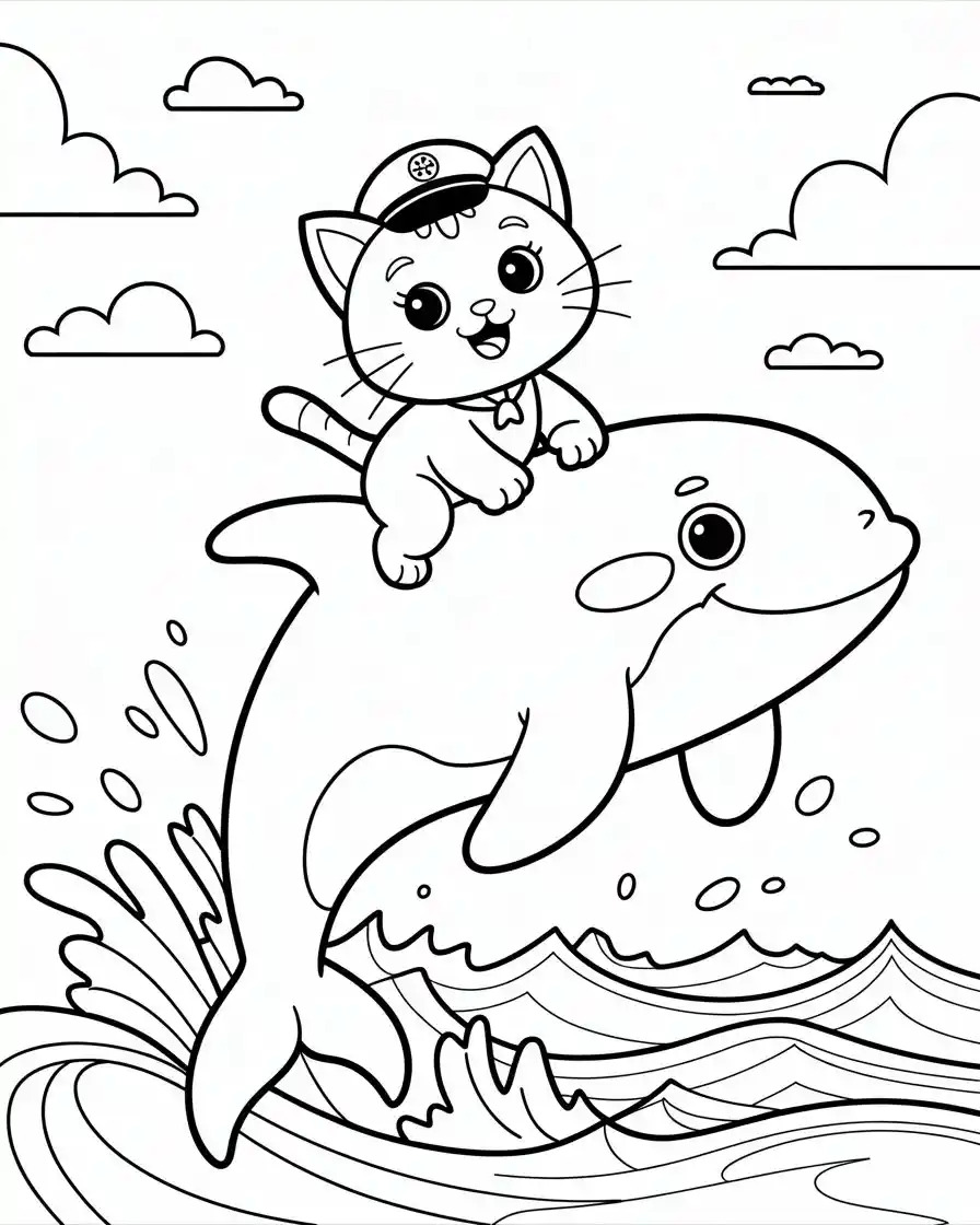 Sailor Cat On Orca Back Swimming At Sea