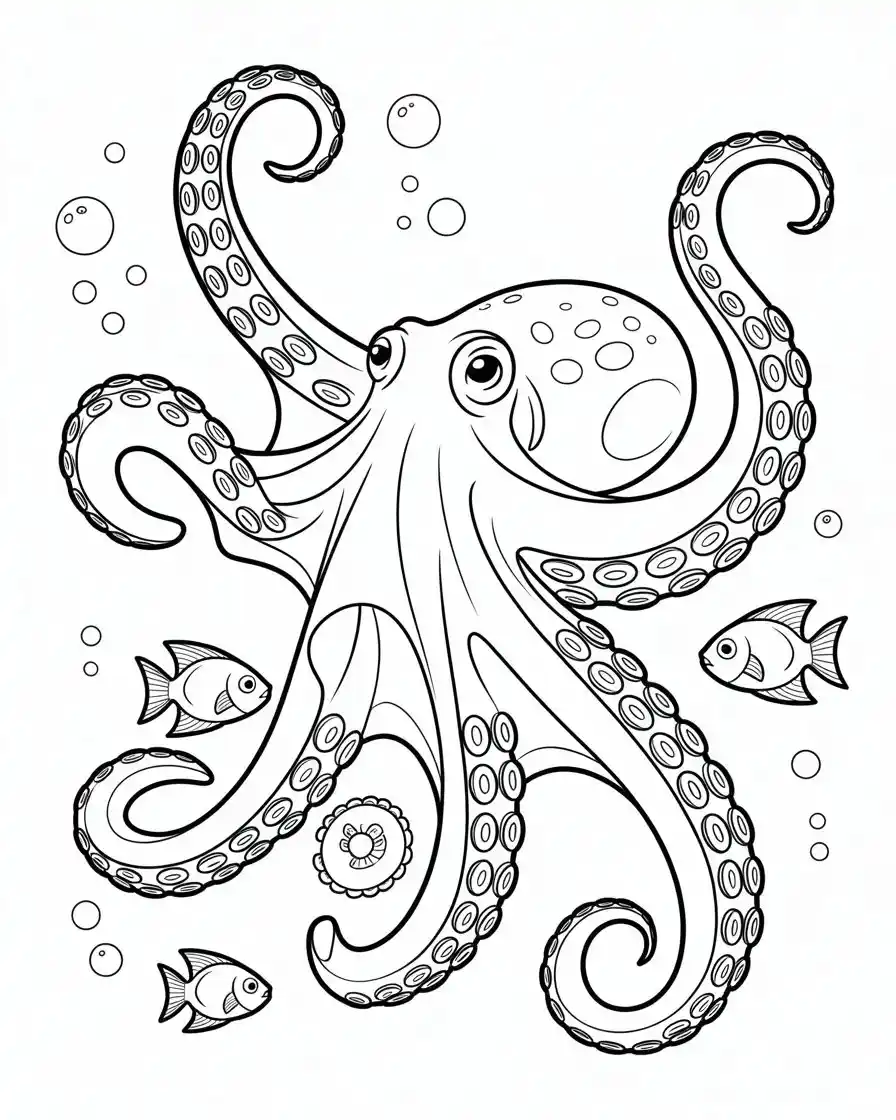 Scary Octopus Swimming in the Ocean Coloring Page 1