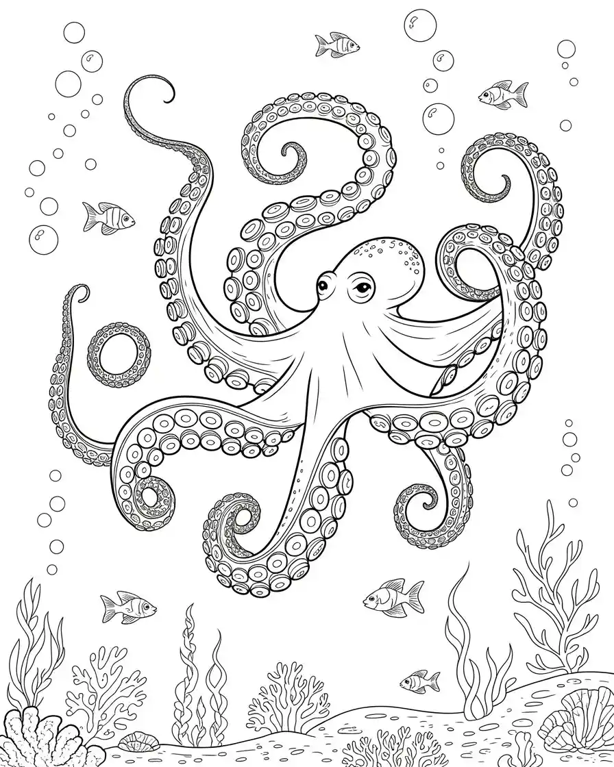 Scary Octopus Swimming in the Ocean Coloring Page