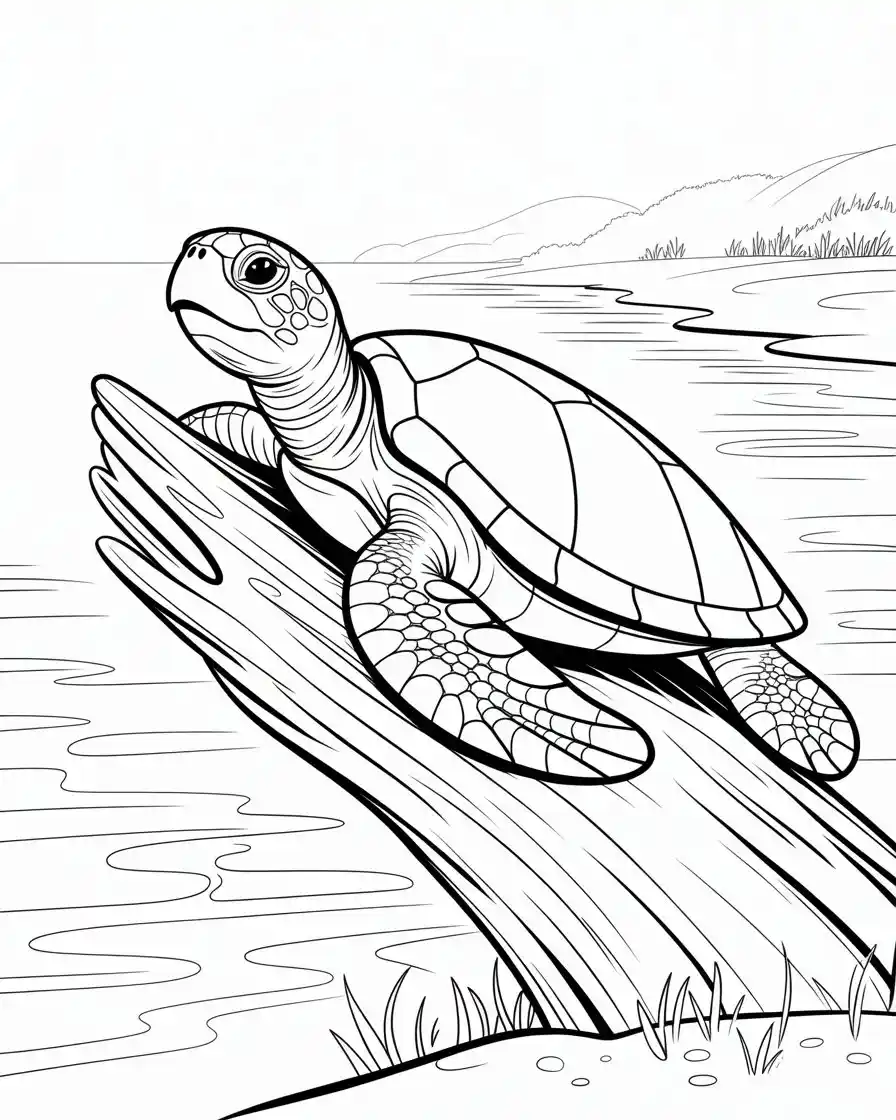 Sea Turtle Resting on Driftwood Coloring Page 1