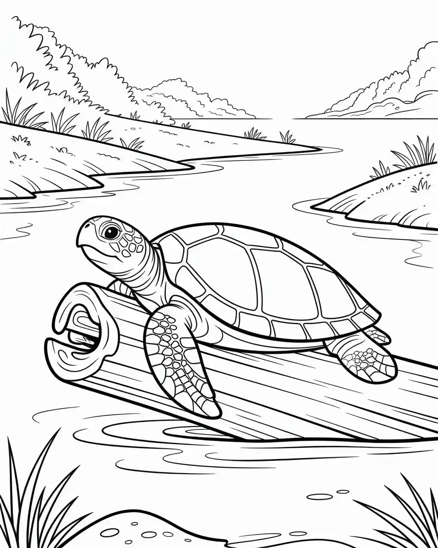 Sea Turtle Resting on Driftwood Coloring Page