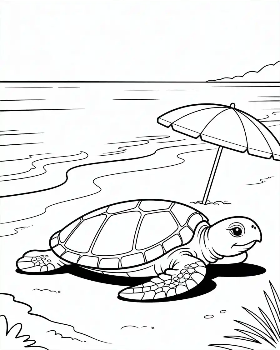 Sea Turtle Sunbathing on Beach Coloring Page 1