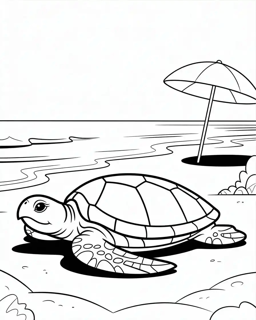 Sea Turtle Sunbathing on Beach Coloring Page.