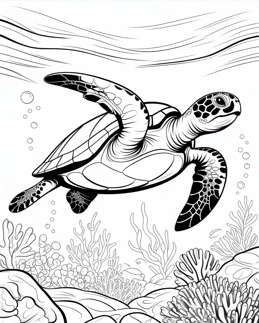 Sea Turtle Swimming Over Coral Reef Coloring Page