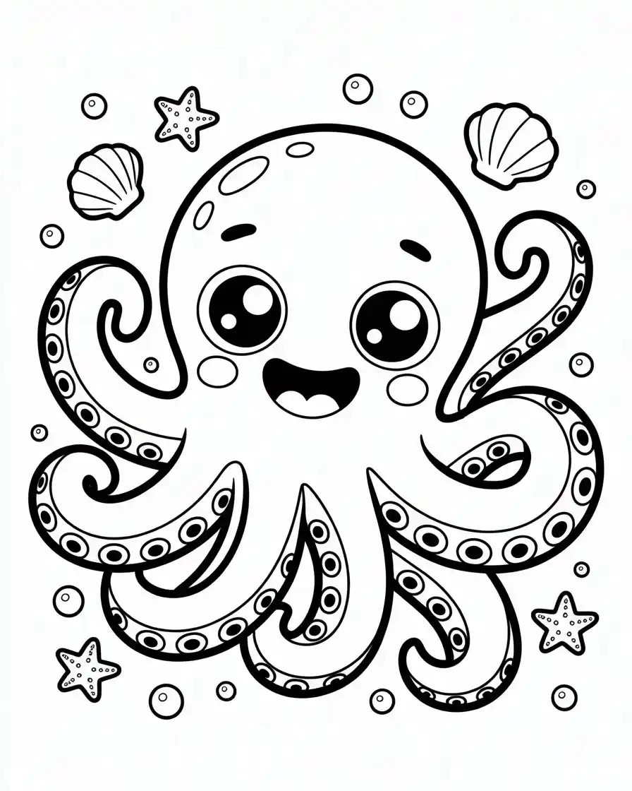 Smiling Cartoon Octopus with Seashells Coloring Page