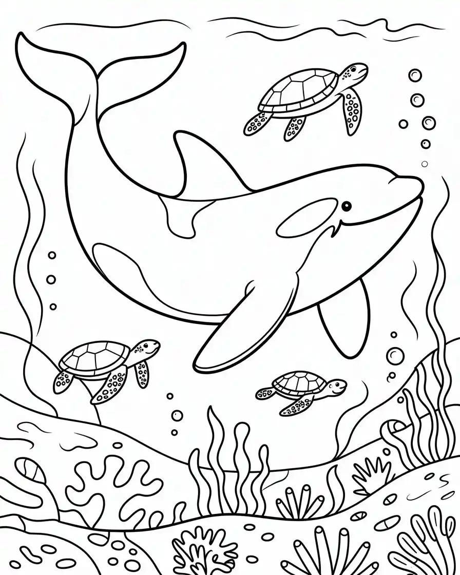 Tropical Sea Life With Coral Turtles And An Orca