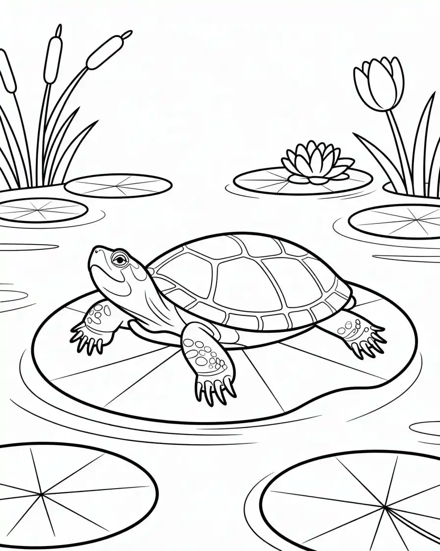 Turtle Resting on Lily Pad Coloring Page