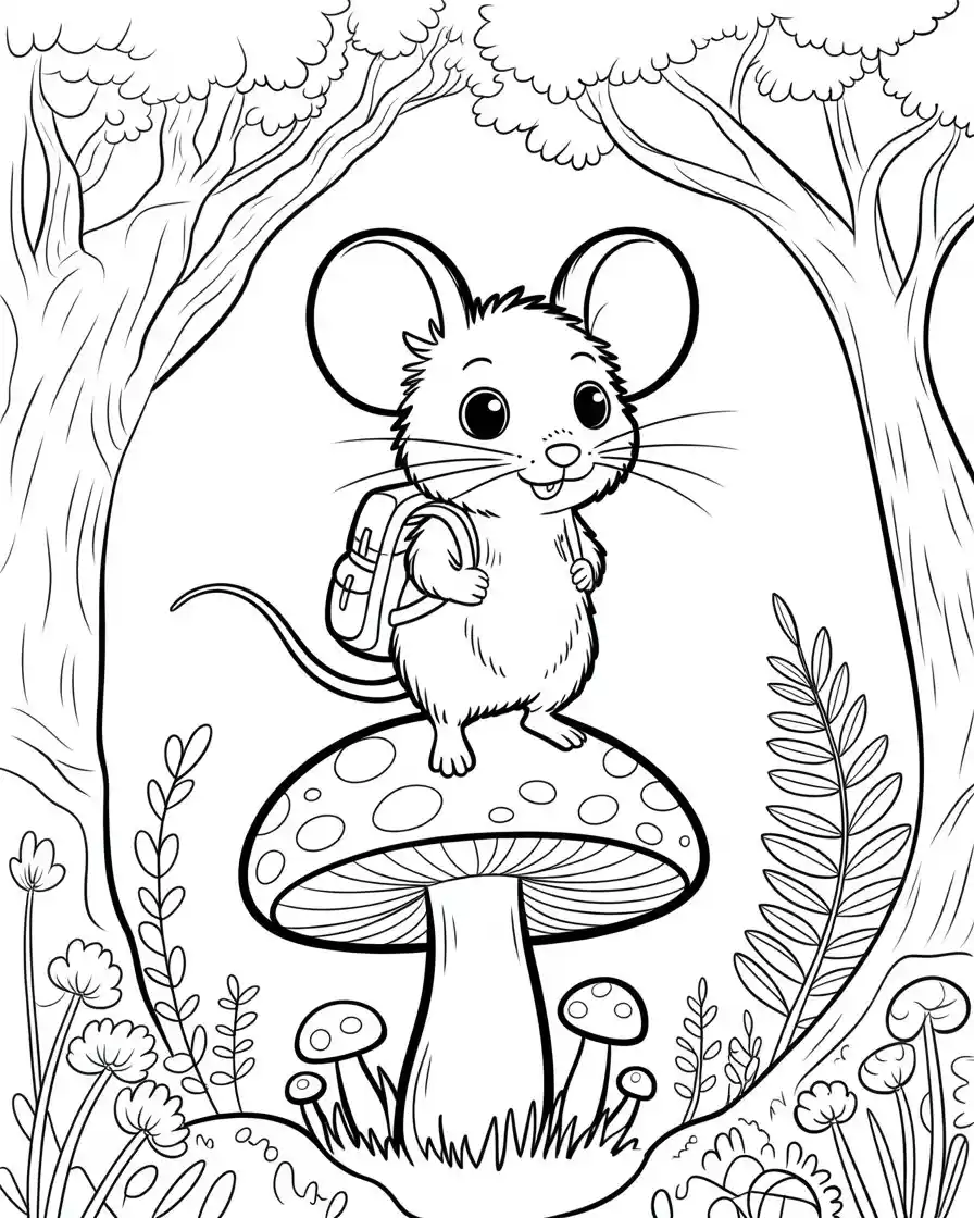 adventurous mouse in an enchanted forest coloring page