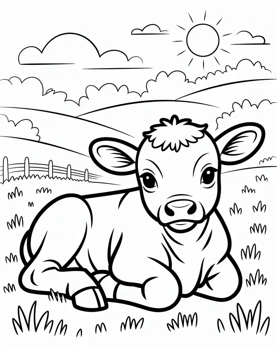 baby calf resting in a field coloring page for kids