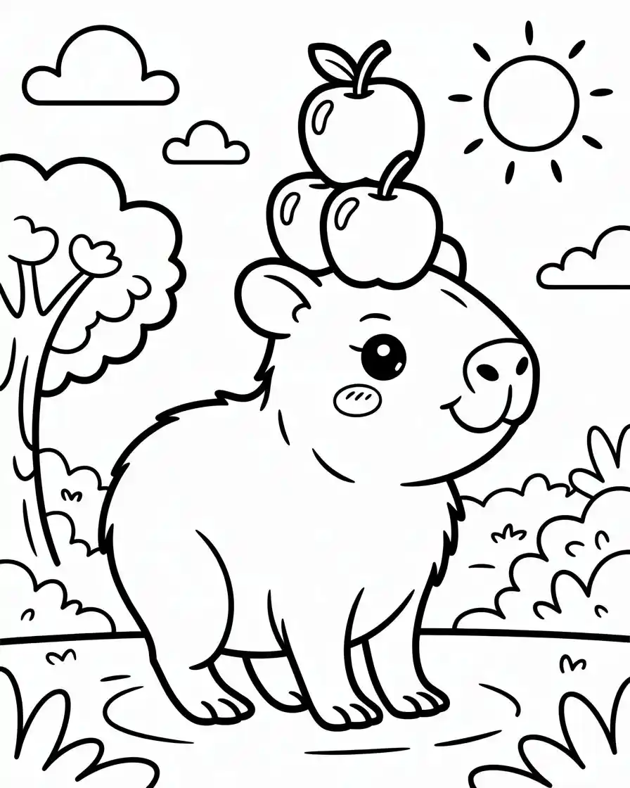 baby capybara balancing three apples coloring page