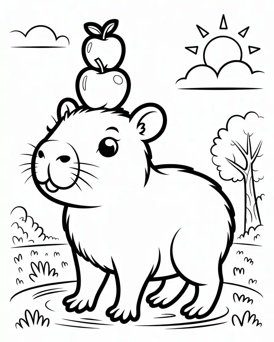 baby capybara balancing three apples coloring page