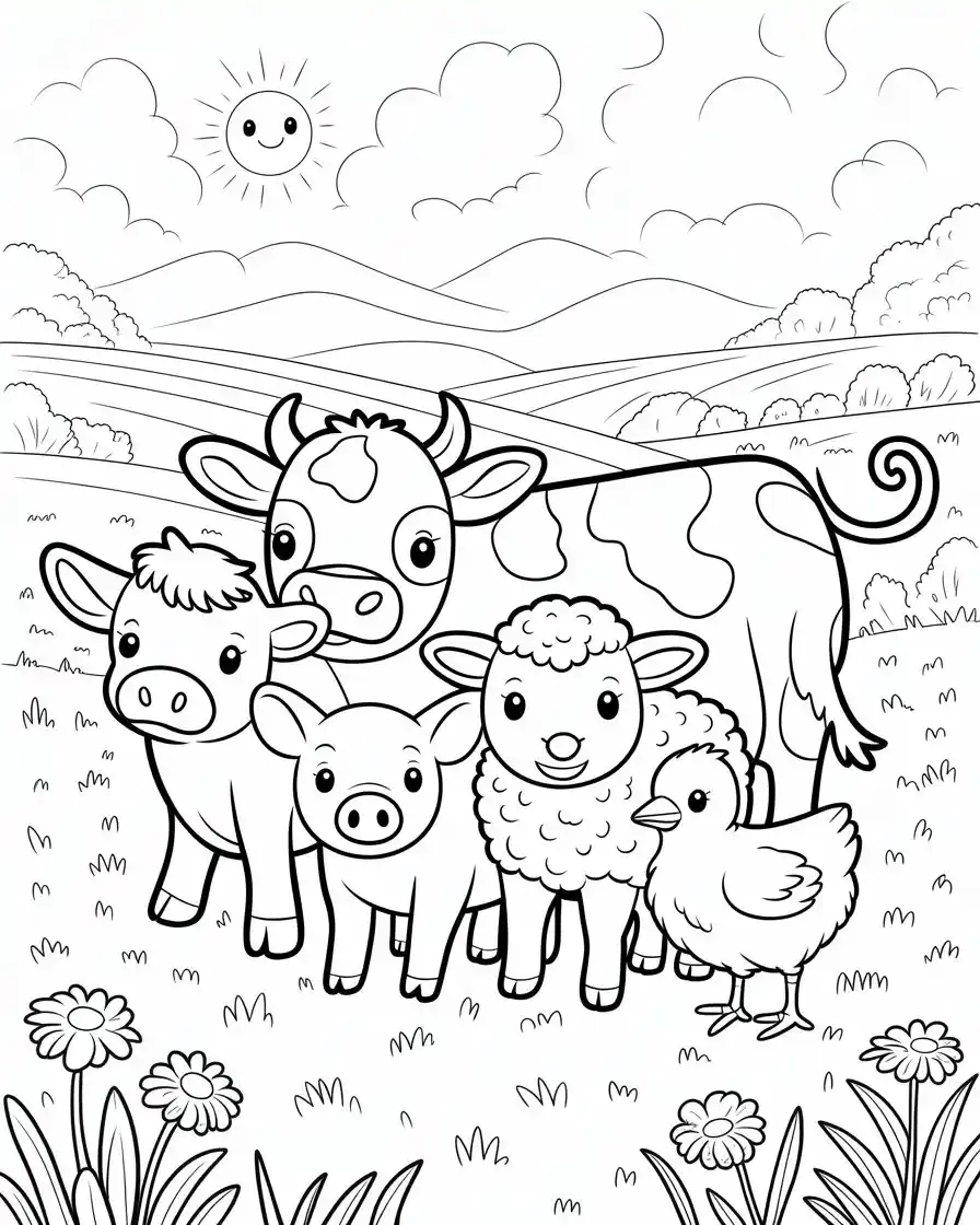 baby cow with pig chicken and lamb coloring sheet