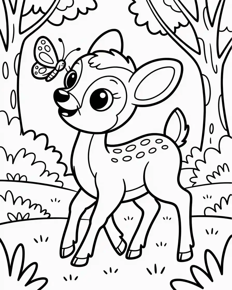 baby deer with butterfly coloring page 1
