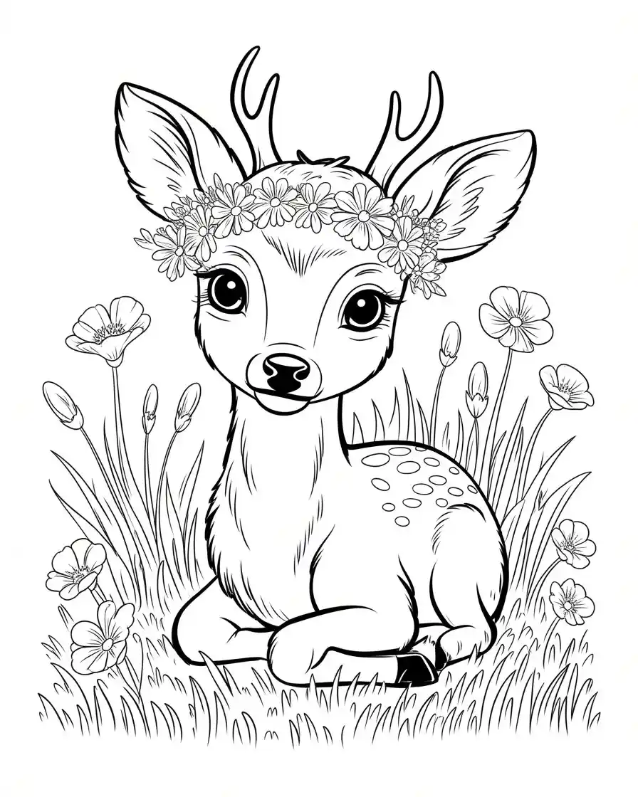 baby deer with flower crown coloring page 1