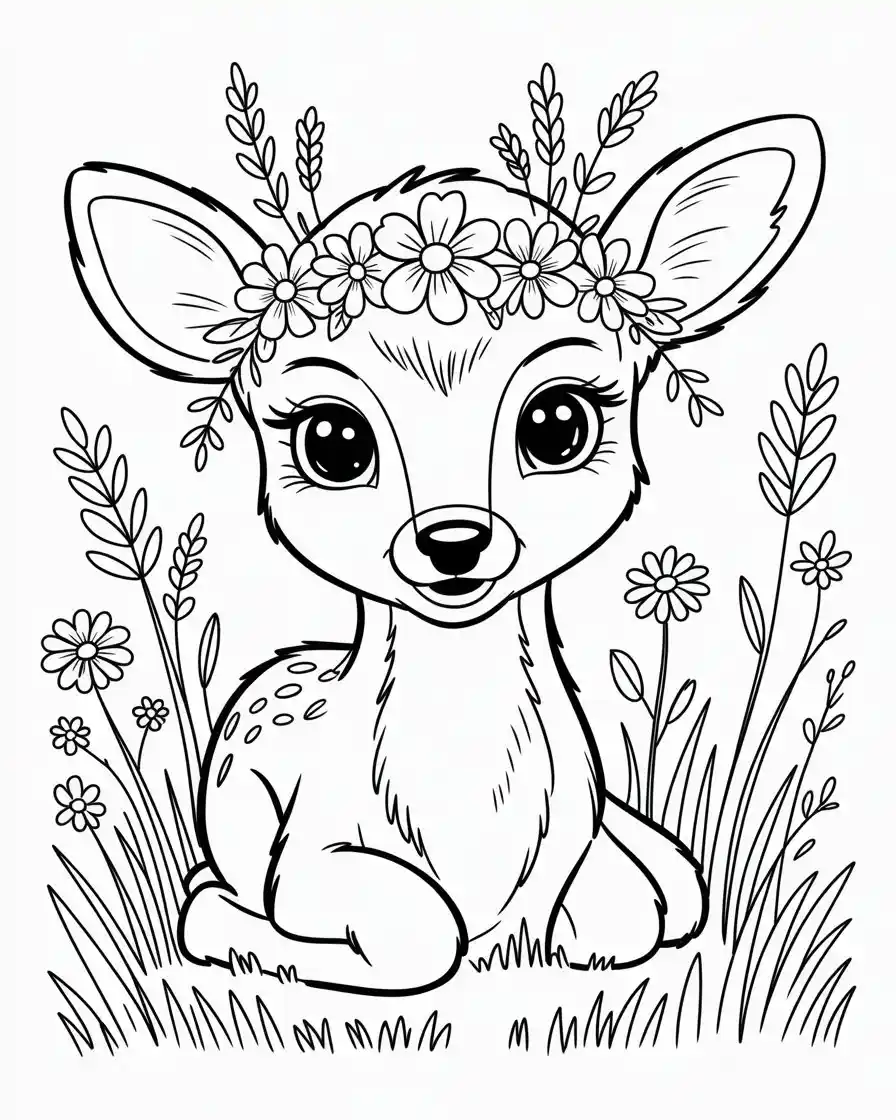 baby deer with flower crown coloring page