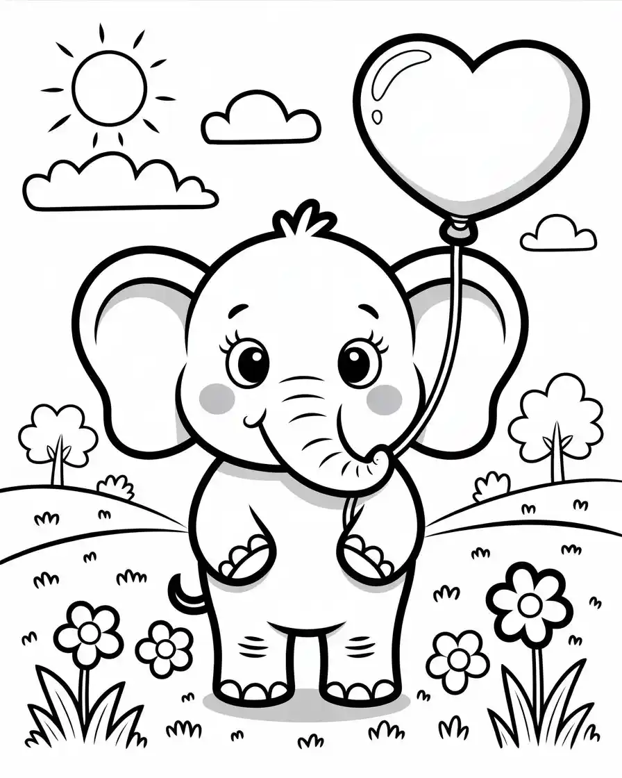 baby elephant with balloon coloring page