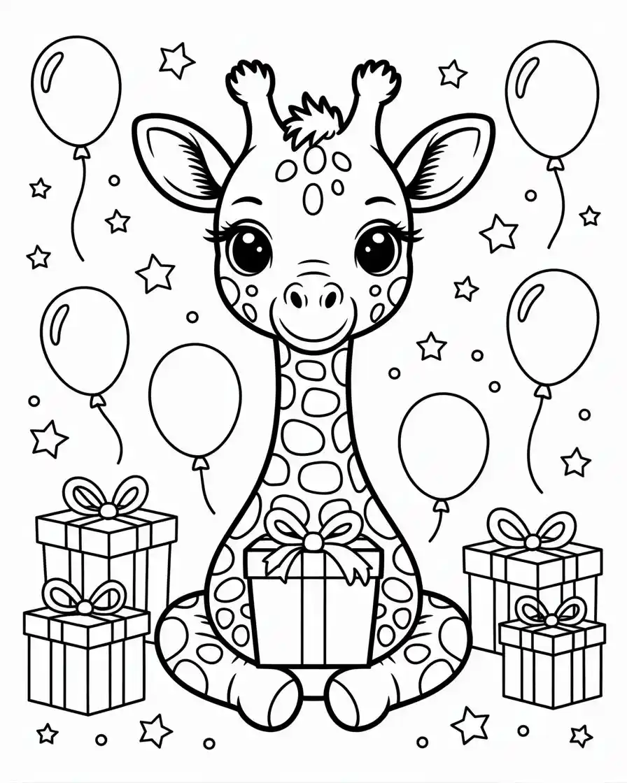 baby giraffe with present coloring page