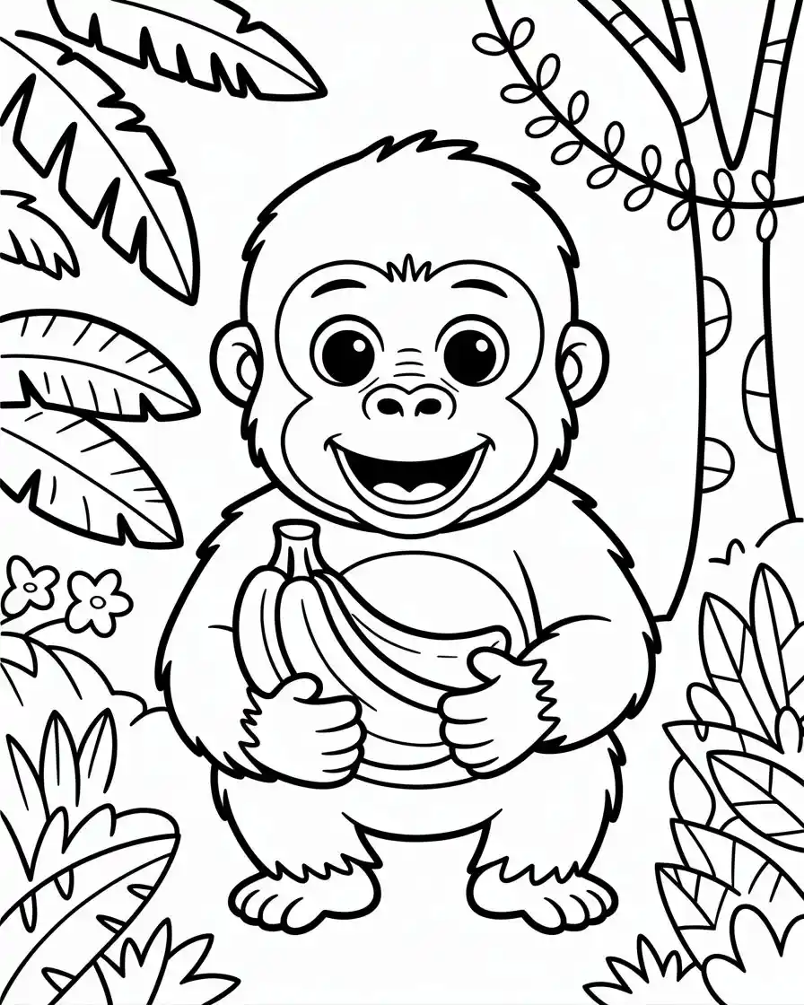 baby gorilla holding bananas coloring page