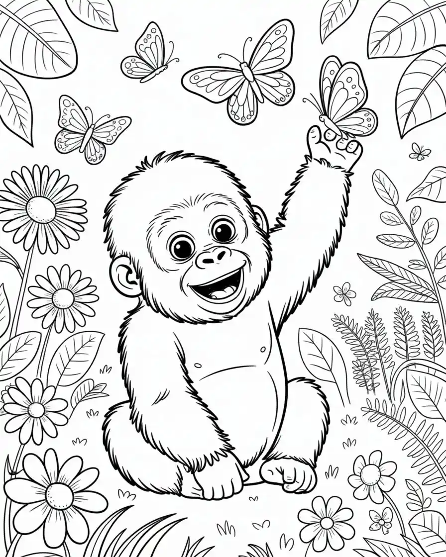 baby gorilla reaching for butterflies coloring page 1