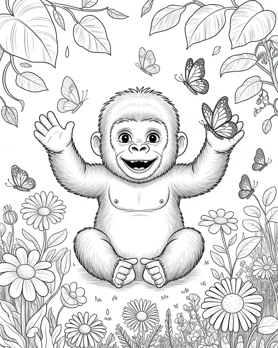 baby gorilla reaching for butterflies coloring page