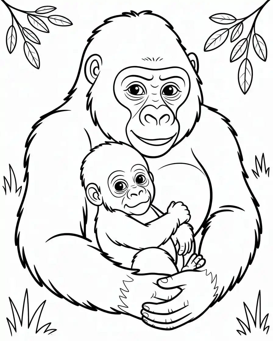 baby gorilla with big mother coloring page
