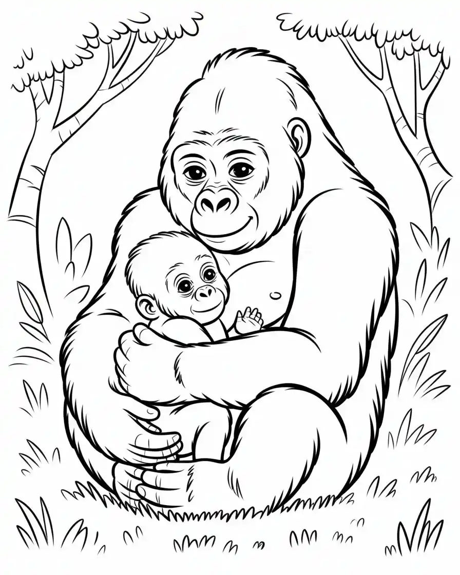 baby gorilla with mother coloring page