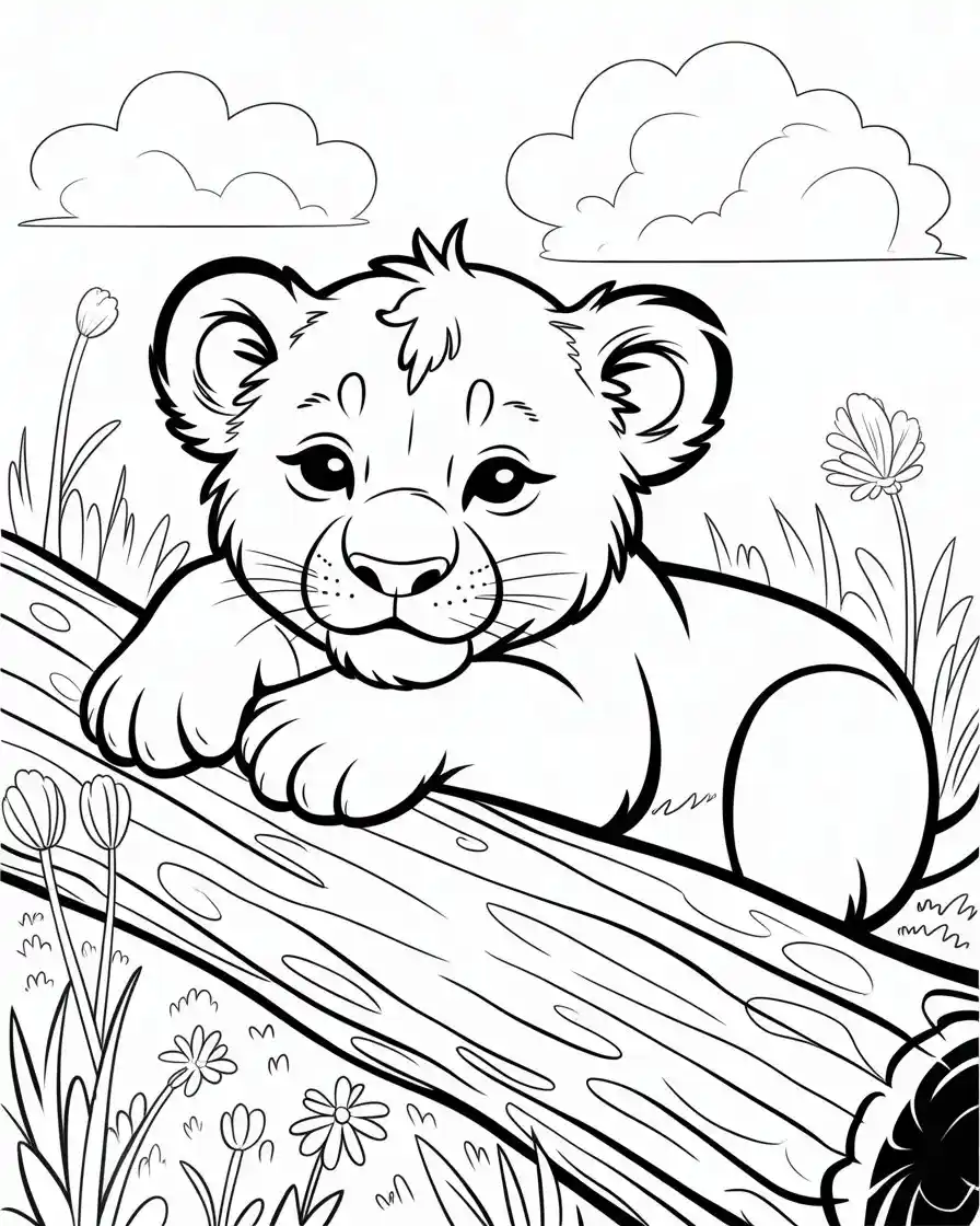 baby lion resting on log coloring page