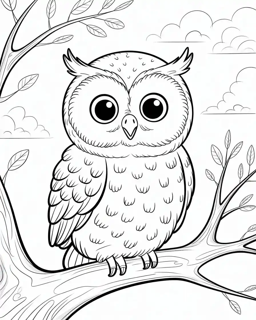 baby owl on branch coloring page 1