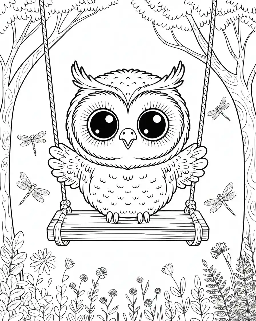 baby owl on swing coloring page