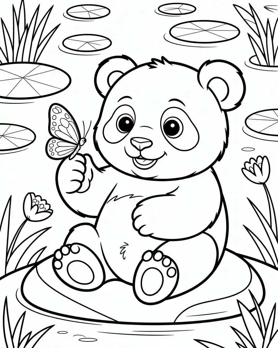 baby panda smiling at a butterfly coloring sheet