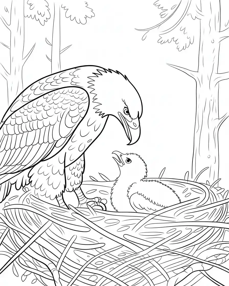 bald eagle feeding chick in nest coloring page 1