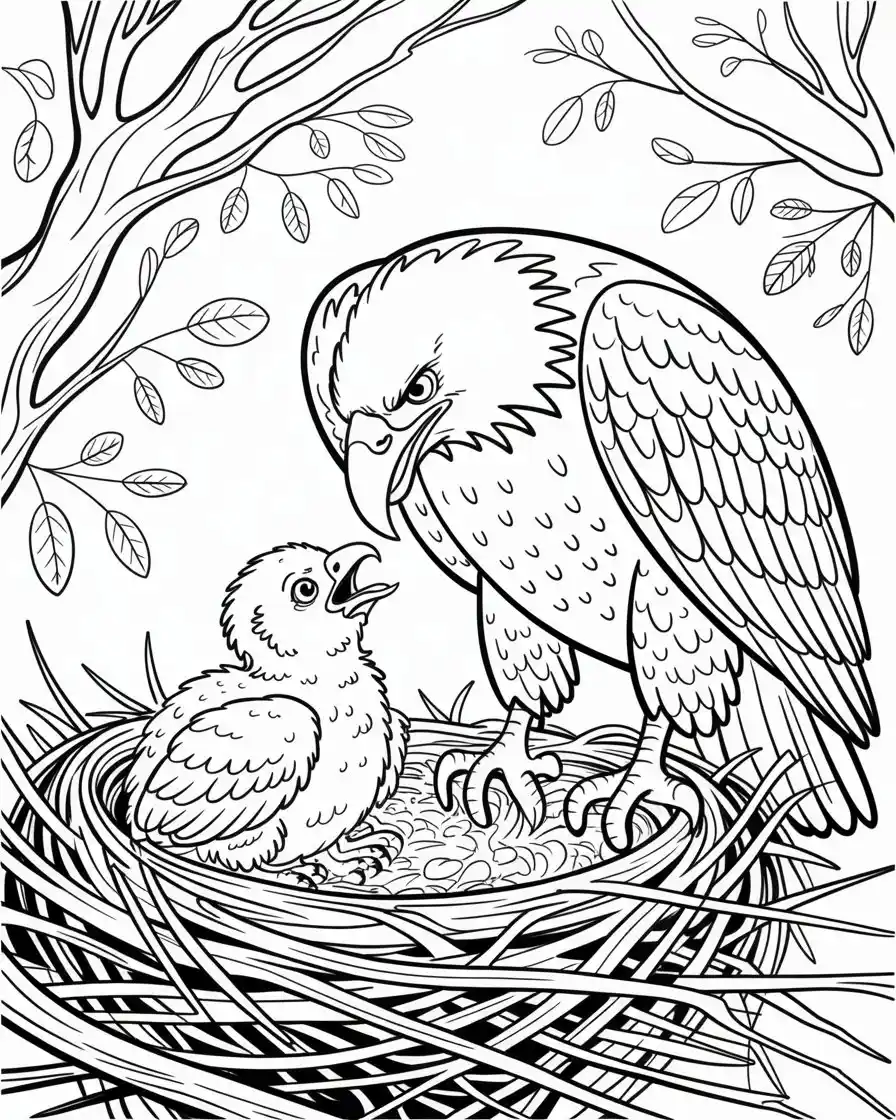 bald eagle feeding chick in nest coloring page