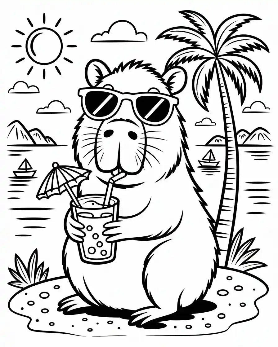beach capybara coloring page