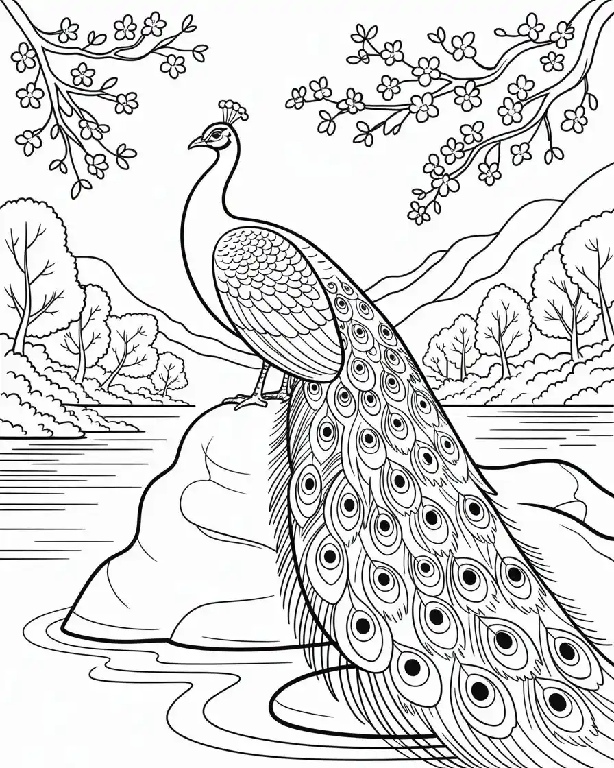 beautiful peacock mountain blossom art printable