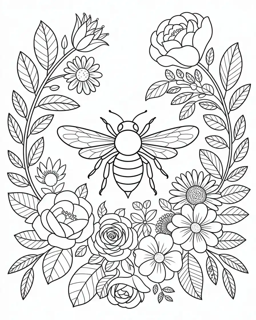 bee floral mandala coloring page 1
