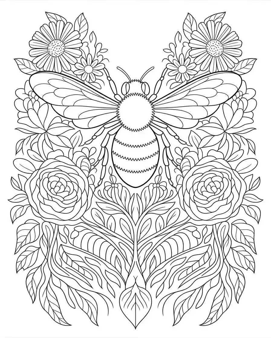 bee floral mandala coloring page