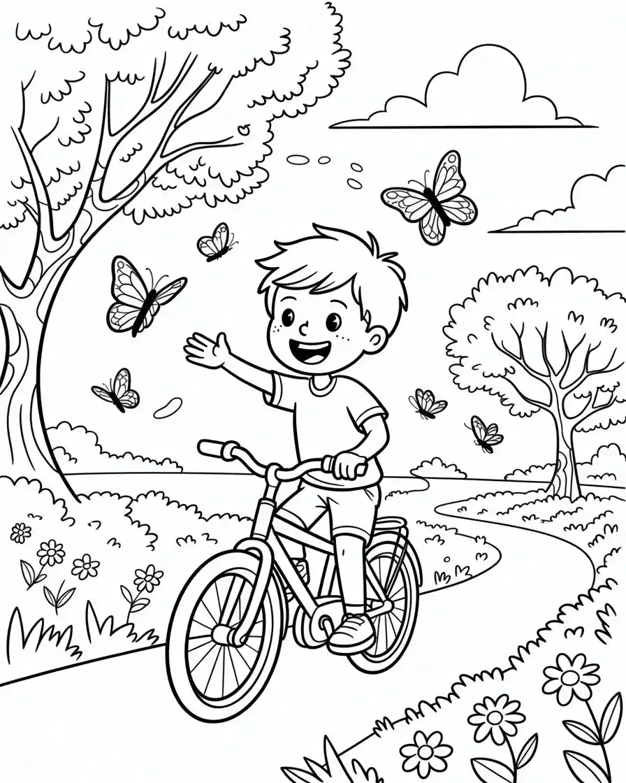 boy on a bicycle chasing butterflies coloring page