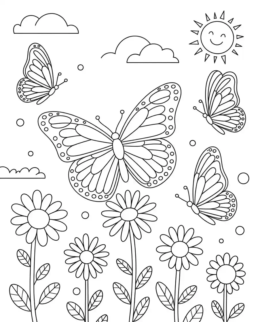 butterflies on flowers coloring page 1