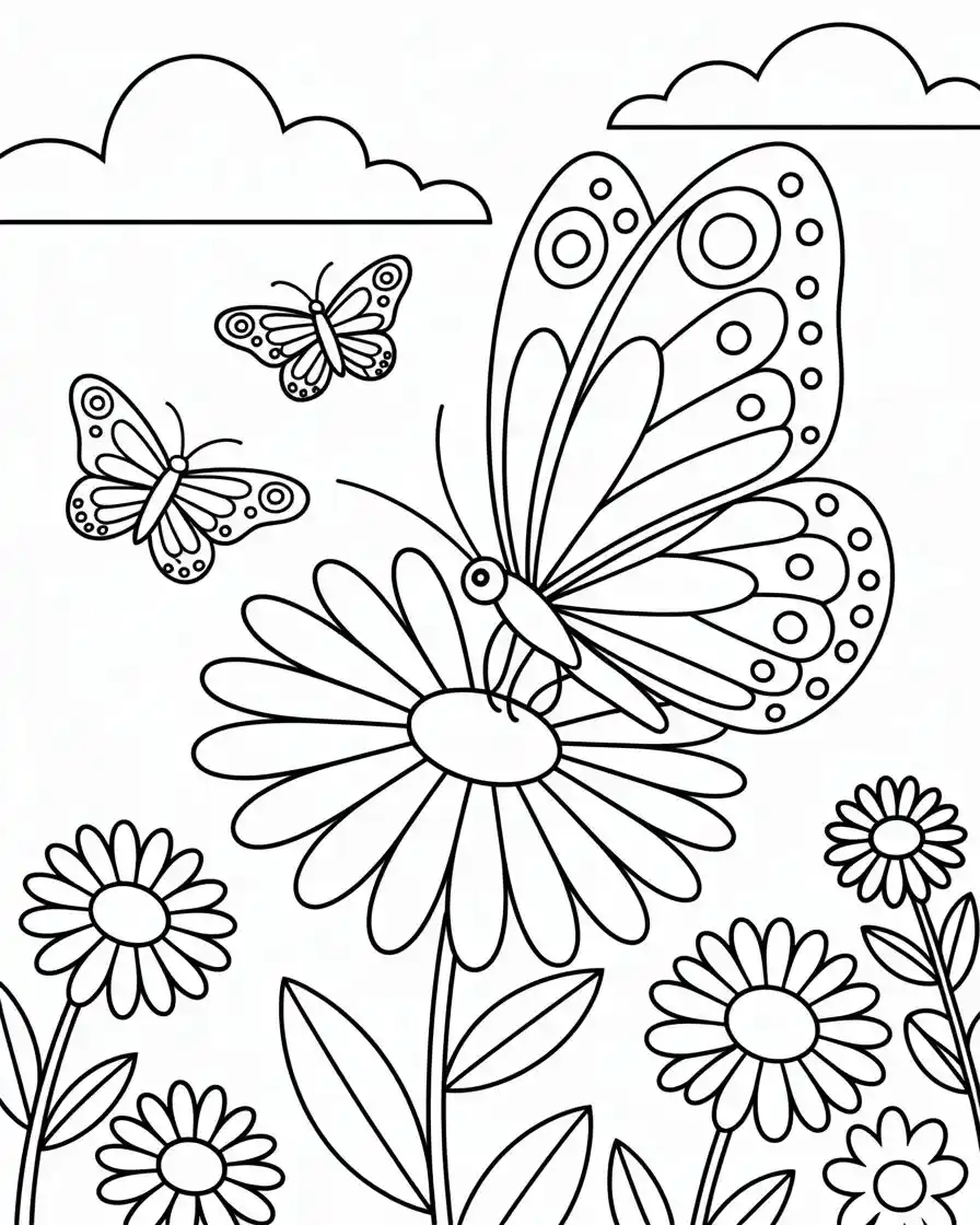 butterflies on flowers coloring page