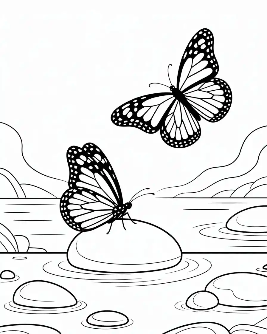 butterfly on a river coloring page 1