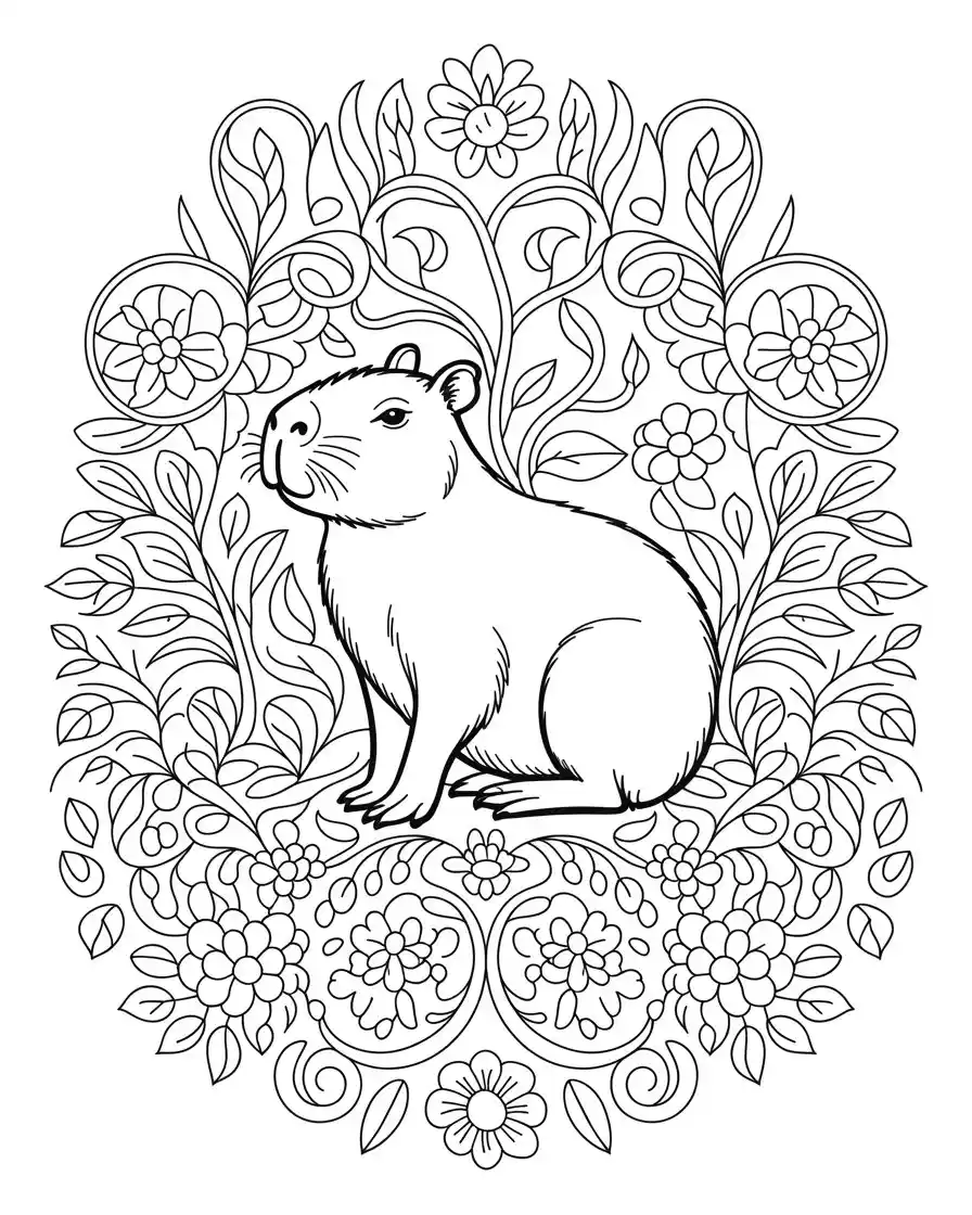 capybara floral coloring page