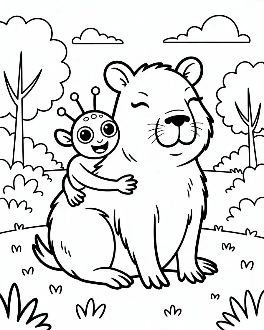 capybara hugging alien friend coloring page