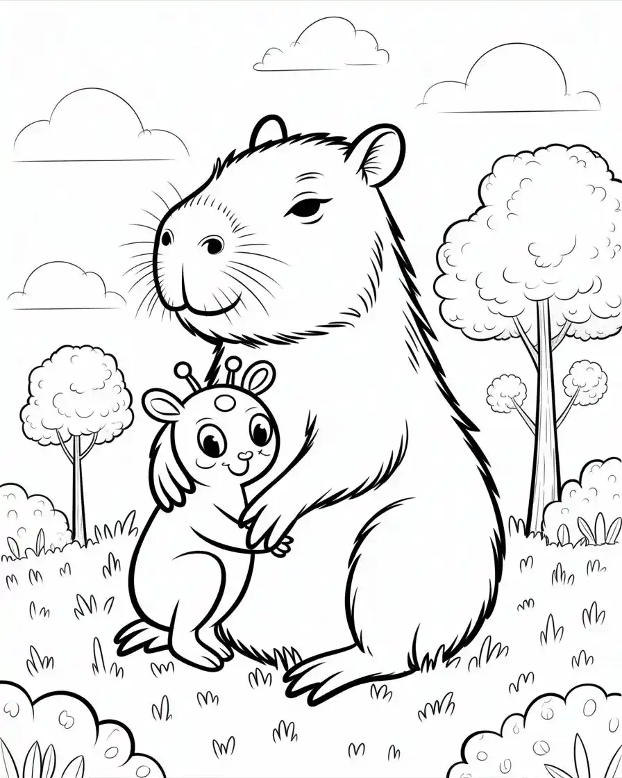 capybara hugging alien friend coloring page