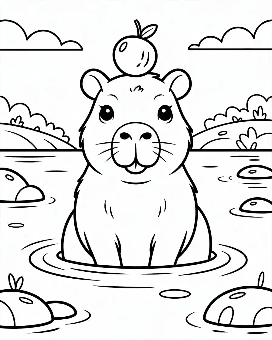capybara in water balancing fruit coloring page