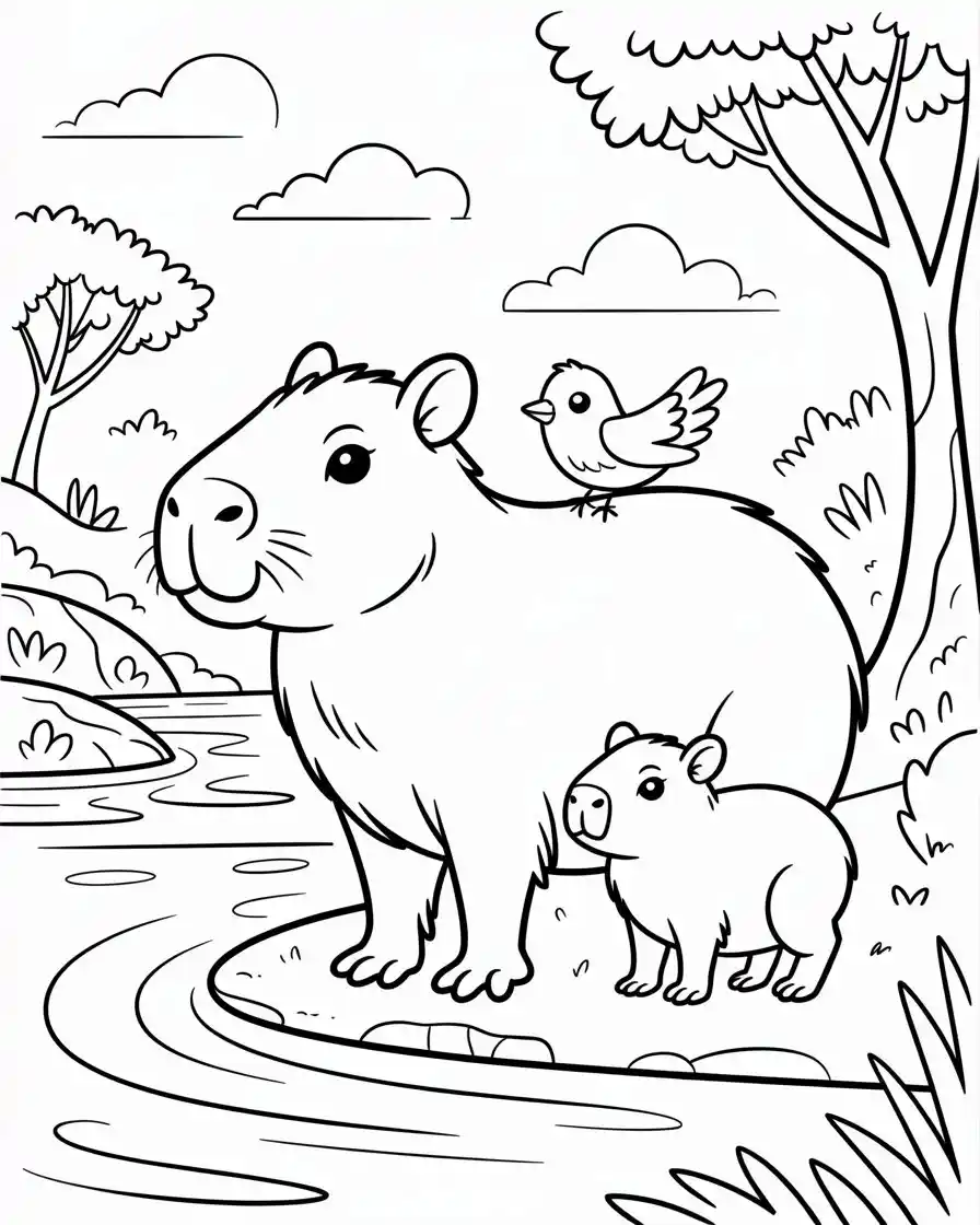 capybara with baby and bird coloring page